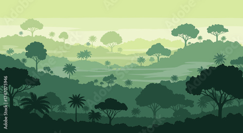 Lush green tropical rainforest with diverse trees, a tranquil and refreshing natural sanctuary evokes peace and adventure