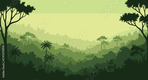 Lush jungle landscape with palm trees in a vibrant green tropical paradise, perfect for adventure, travel, and nature-themed projects