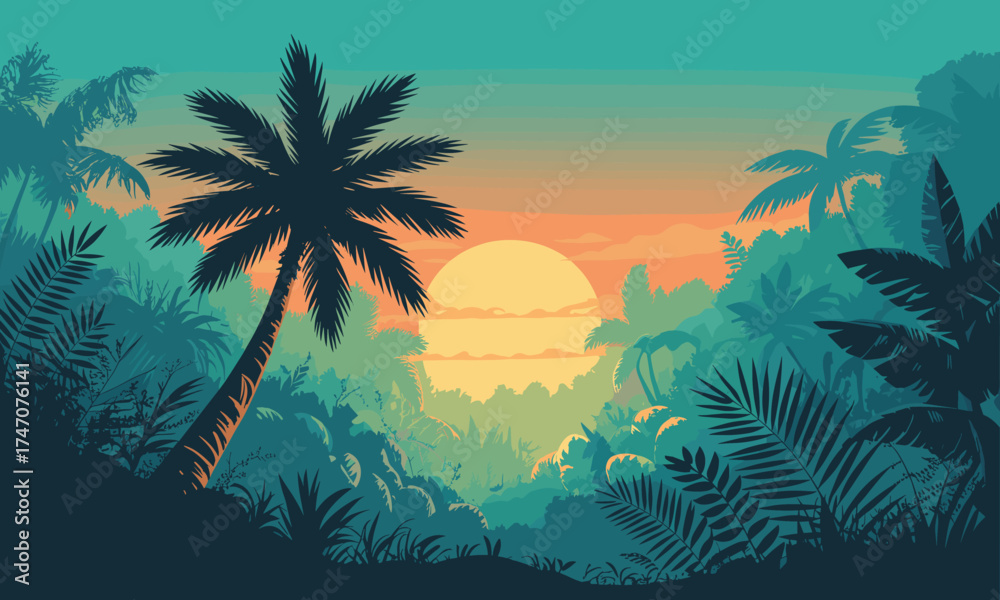 Obraz premium Tropical palm trees at sunset evoke a sense of dreamy island escape and relaxation, perfect for travel and adventure branding