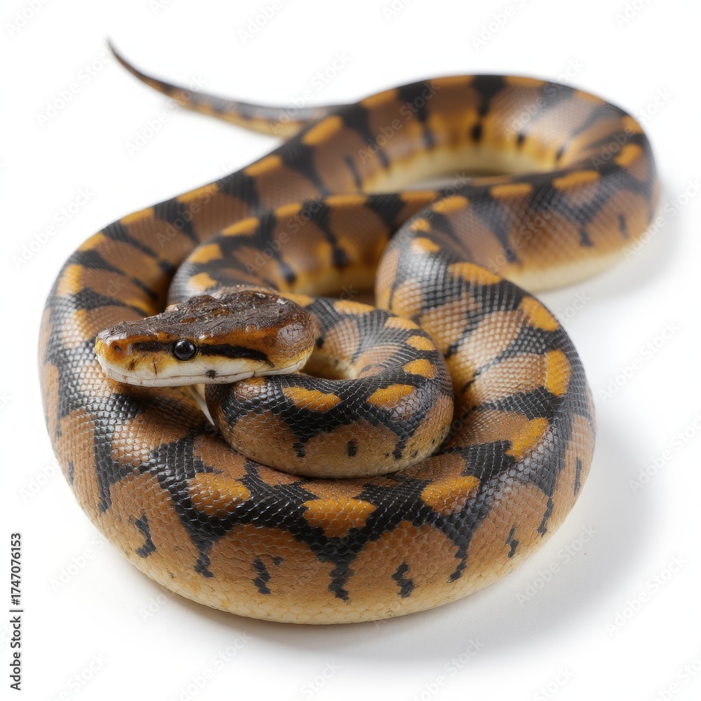 Obraz premium A snake is curled up on a white background