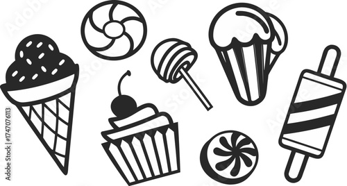 black vector icons of candy lollipop ice cream