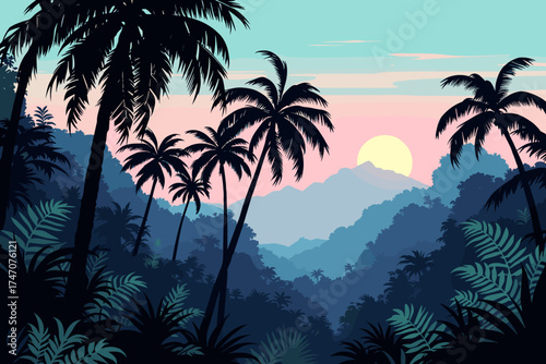 Dreamy tropical jungle sunset with palm trees silhouetted against the pastel sky, creating a tranquil vacation mood