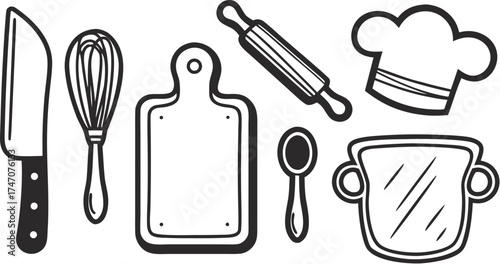 black vector icons of knife spoon whisk rolling
