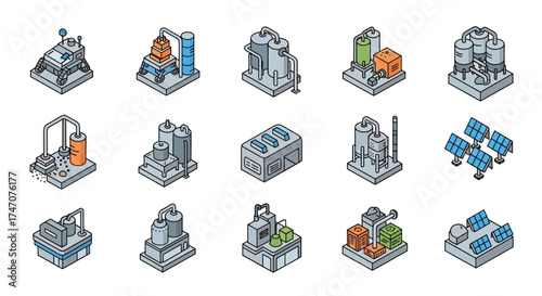 Collection of isometric industrial factory buildings and structures.