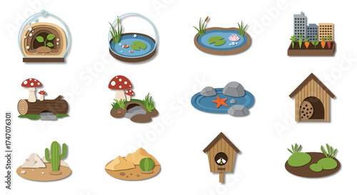 Collection of miniature ecosystem and habitat vector illustrations.