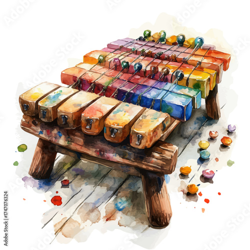 Marimba, watercolor vector, isolated on a white background.