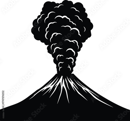 Vector silhouette of volcano eruption with smoke and lava illustration