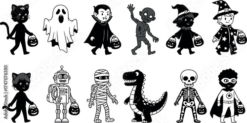 Halloween costume character set with kids in spooky outfits and pumpkin buckets, cartoon vector design for celebration, party, and trick-or-treat themes