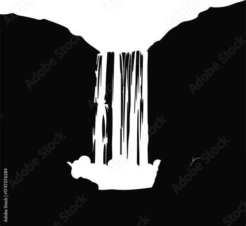 Vector silhouette of waterfall cascading from rock cliff illustration