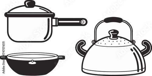 kitchenware vector icon set pot pan lid teapot