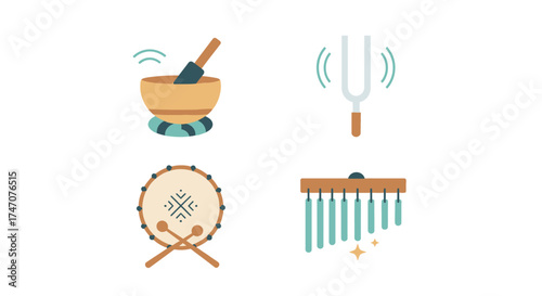 Collection of musical instruments for sound healing and meditation practices.
