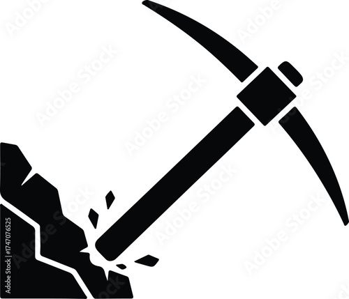 Vector silhouette pickaxe strikes rock mineral extraction illustration