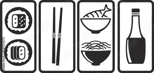 minimalist vector icons of sushi chopsticks nood