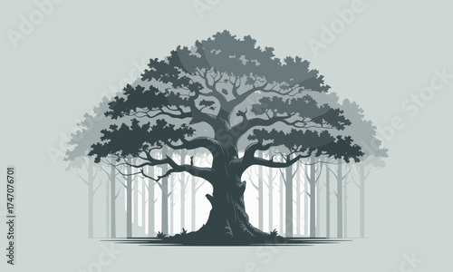 Discover the serene beauty of a mystical forest with majestic trees in calming gray tones for nature-inspired designs