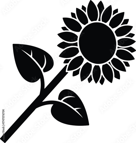 Vector silhouette sunflower flower with stem and leaves illustration