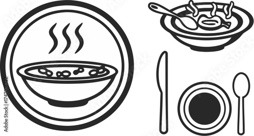 simple vector icons of soup bowl with steam spoon