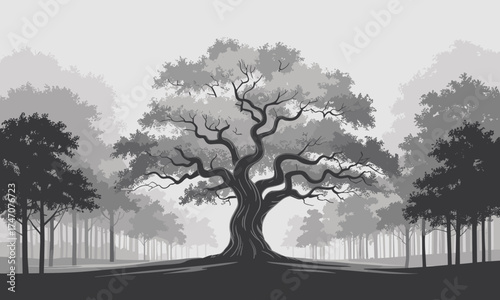 Discover the enchanting allure of a serene forest with towering trees in a peaceful grayscale landscape drawing illustration
