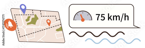 Map with location markers, speed alert in speech bubble, and wave lines. Ideal for navigation, travel, driving safety, logistics, location tracking, route optimization simple flat metaphor