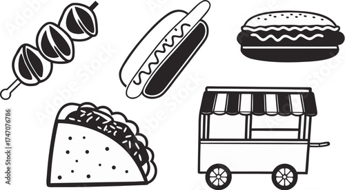 street food vector icons taco sandwich hot dog
