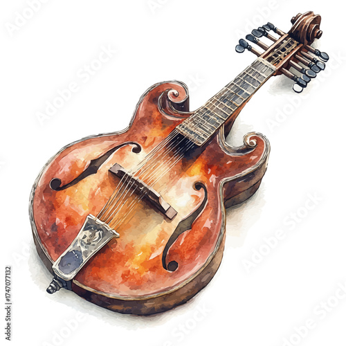 Mandolin, watercolor vector, isolated on a white background.