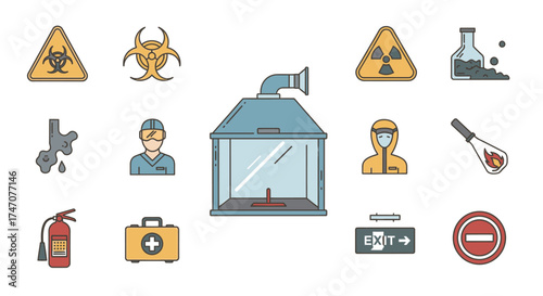 Collection of Safety and Hazard Icons for Industrial and Scientific Settings.