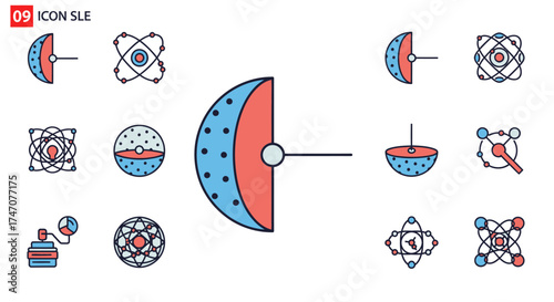 Collection of science and technology icons representing atomic structures and scientific instruments.
