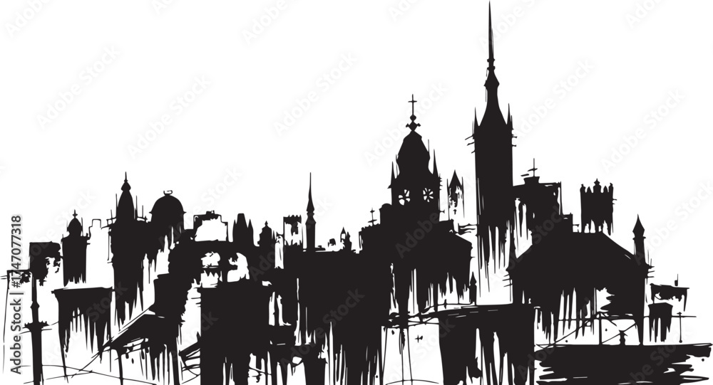 Fototapeta premium Gloomy urban landscape. Hand drawn vector illustration 