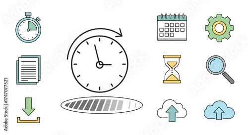Collection of time management and productivity related line icons.