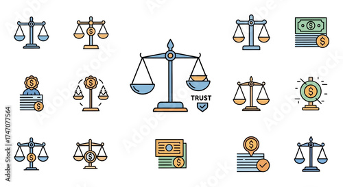 Collection of Trust Justice and Finance Themed Line Icons.