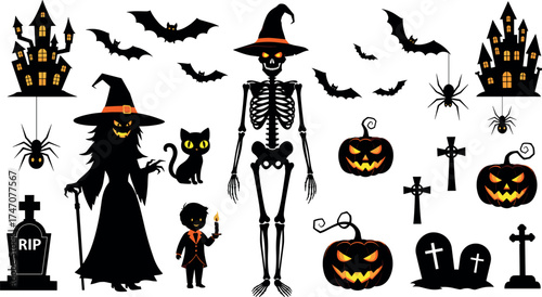 Halloween illustration set, haunted houses, skeleton witch, vampire child, jack-o'-lanterns, bats and ghosts, festive spooky scene, graveyard and black cat