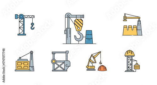 Collection of various construction cranes and industrial equipment icons.