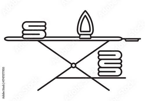 Ironing board linear icon isolated on transparent background. Iron with ironing board and stack of laundry. Perfect household, laundry service, clothing care and garment design symbol. Editable Stroke