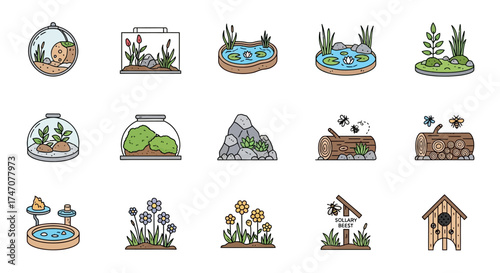 Collection of various terrariums and miniature garden illustrations.