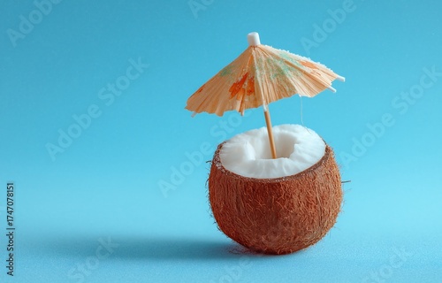 Wallpaper Mural Tropical cocktail umbrella in coconut on blue background, summer concept Torontodigital.ca