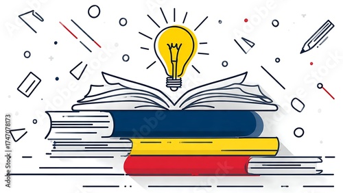 Creative Illustration of Books and Lightbulb
