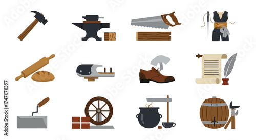 Collection of vintage tools and objects representing various crafts and professions.