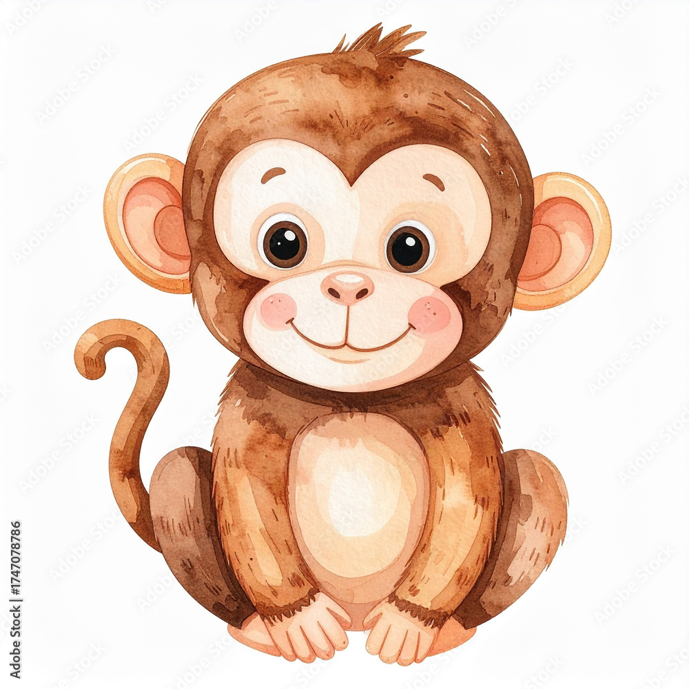 Naklejka premium Watercolor painting of cute monkey character, hand drawn, expressive face, animal portrait, wildlife