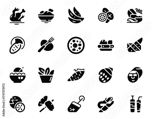 Collection of black and white food and drink icons representing various culinary themes