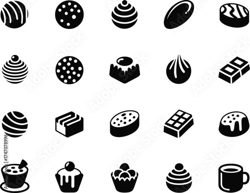 Collection of various chocolate candies and desserts icons in a grid layout