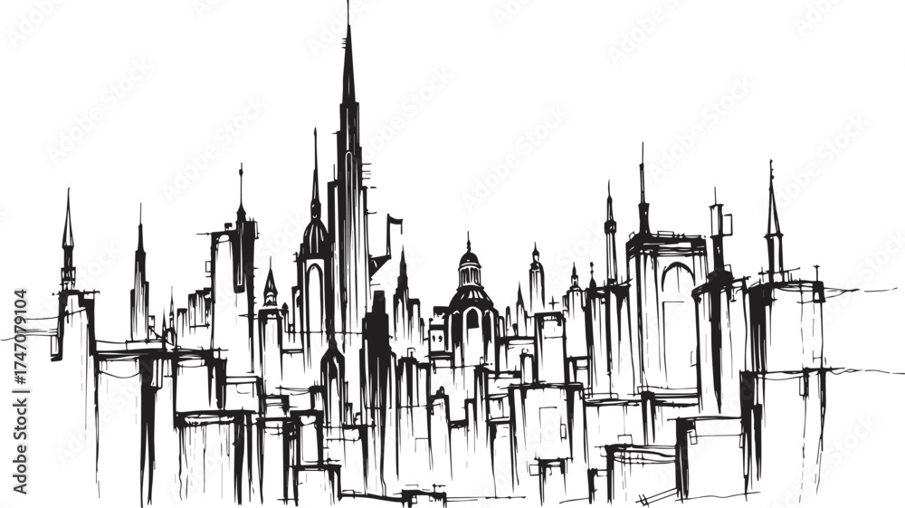 Fototapeta premium Gloomy urban landscape. Hand drawn vector illustration