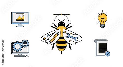 Creative Worker Bee with Design and Development Tool Icons.