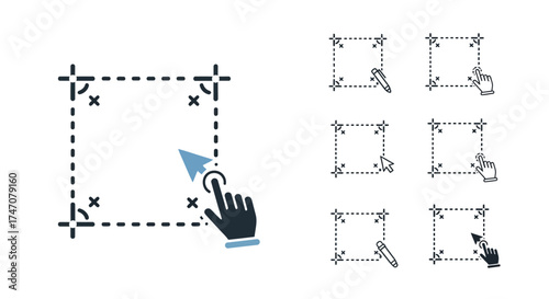 Cropping Tool Icon Set with Hand Cursor for Image Editing.
