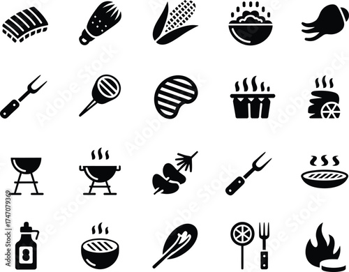 Collection of barbecue and grilling icons representing food and cooking equipment