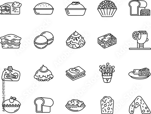 Collection of hand drawn sketch icons representing various food items and baked goods