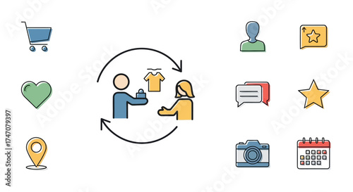 Customer service and product exchange icons and illustration.