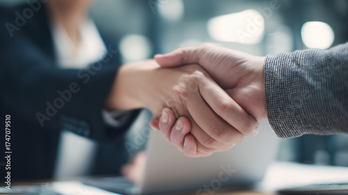 young asian businessman shaking hands with a business woman during meeting in the office. the man and woman are at desk, project together, working on laptop computer. Business relation.
