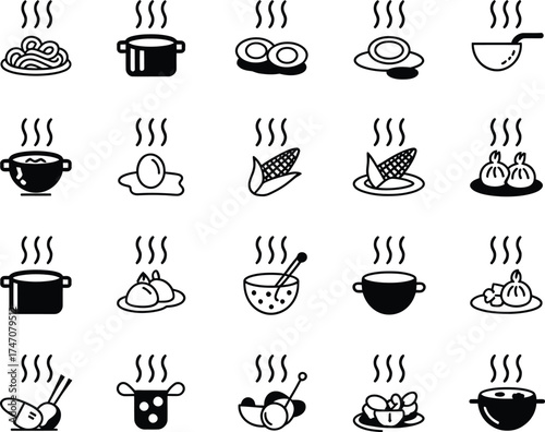 Collection of hand drawn steaming food icons representing various dishes and meals