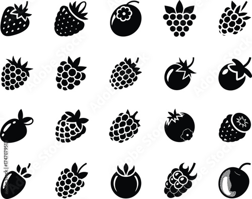 Collection of various black and white berry icons on a white background