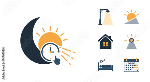 Day and night time concept with clock and sun moon illustration.