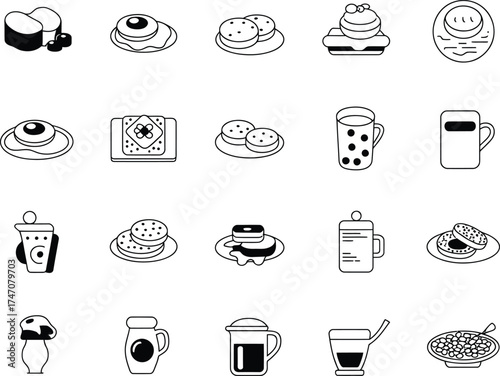 Hand drawn collection of sweet bakery and coffee shop icons and illustrations